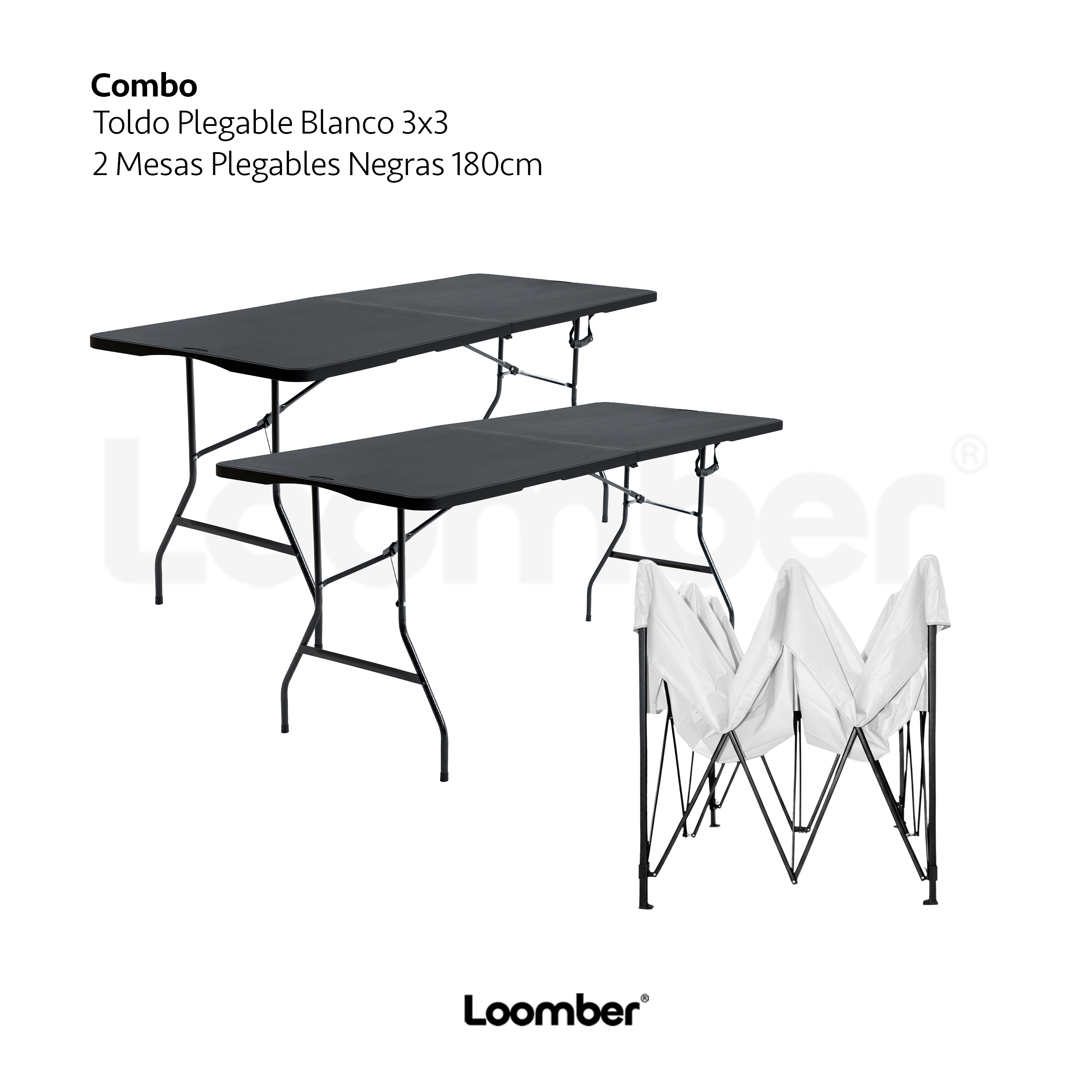 Combo Toldo Blanco 3x3 + 2 mesas plegables negras verona 1.80