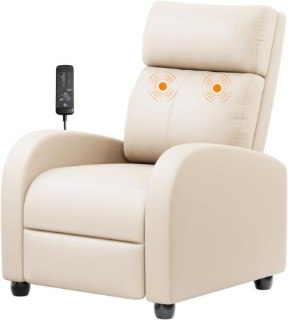 FABATO Sillon Individual-Sillon Reclinable Adultos Tipo Cine 8 Modos de Masaje con Soporte Lumbar, Reposapiés Retráctil y 3 Posiciones -Tu Mecedora Adulto de Cuero Ideal para tu casa (Crema)