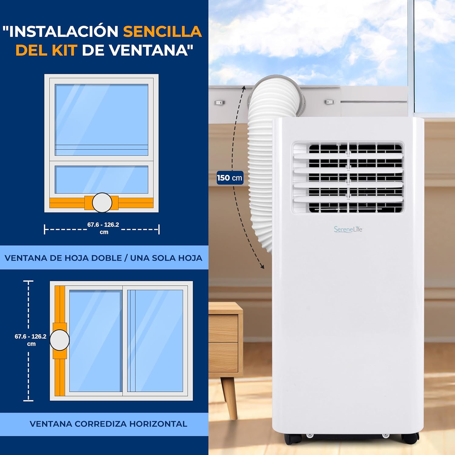 SereneLife Aire Acondicionado Portátil 10000 BTU WiFi con Deshumidificador Incorporado, para habitaciones de hasta 42mts, Control Remoto y App, Incluye Kit de Montaje para Ventana