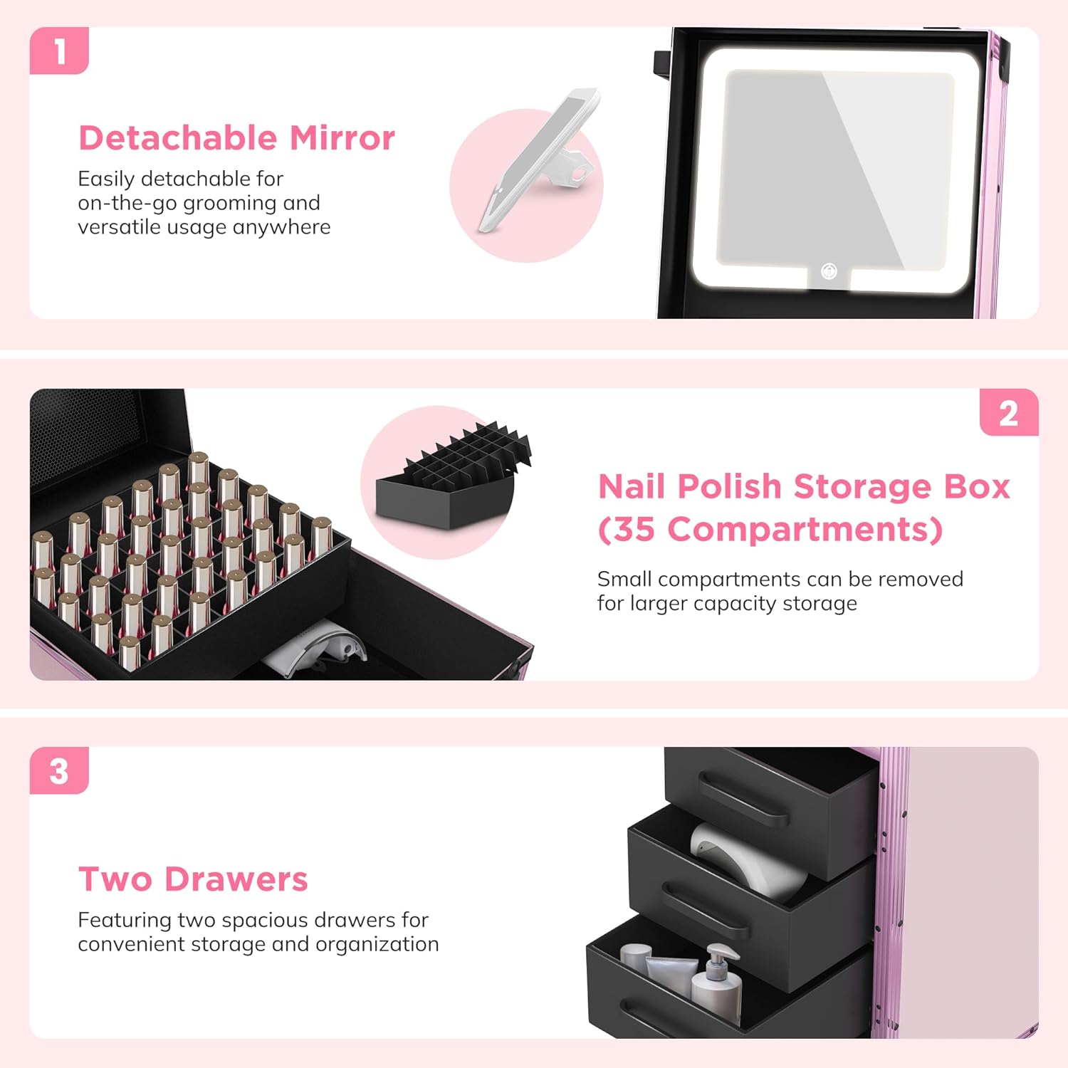 EASYINBEAUTY - Mesa de manicura portátil con 3 cajones, organizador de espejo y esmalte de uñas, estuche de tren de maquillaje con cerradura con computadora de uñas plegable, estuche de viaje