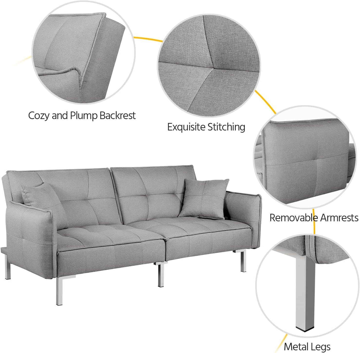 Yaheetech Sofá cama convertible moderno futón sofás, cama plegable y abajo, tela de lino reclinable para sala de estar, color gris