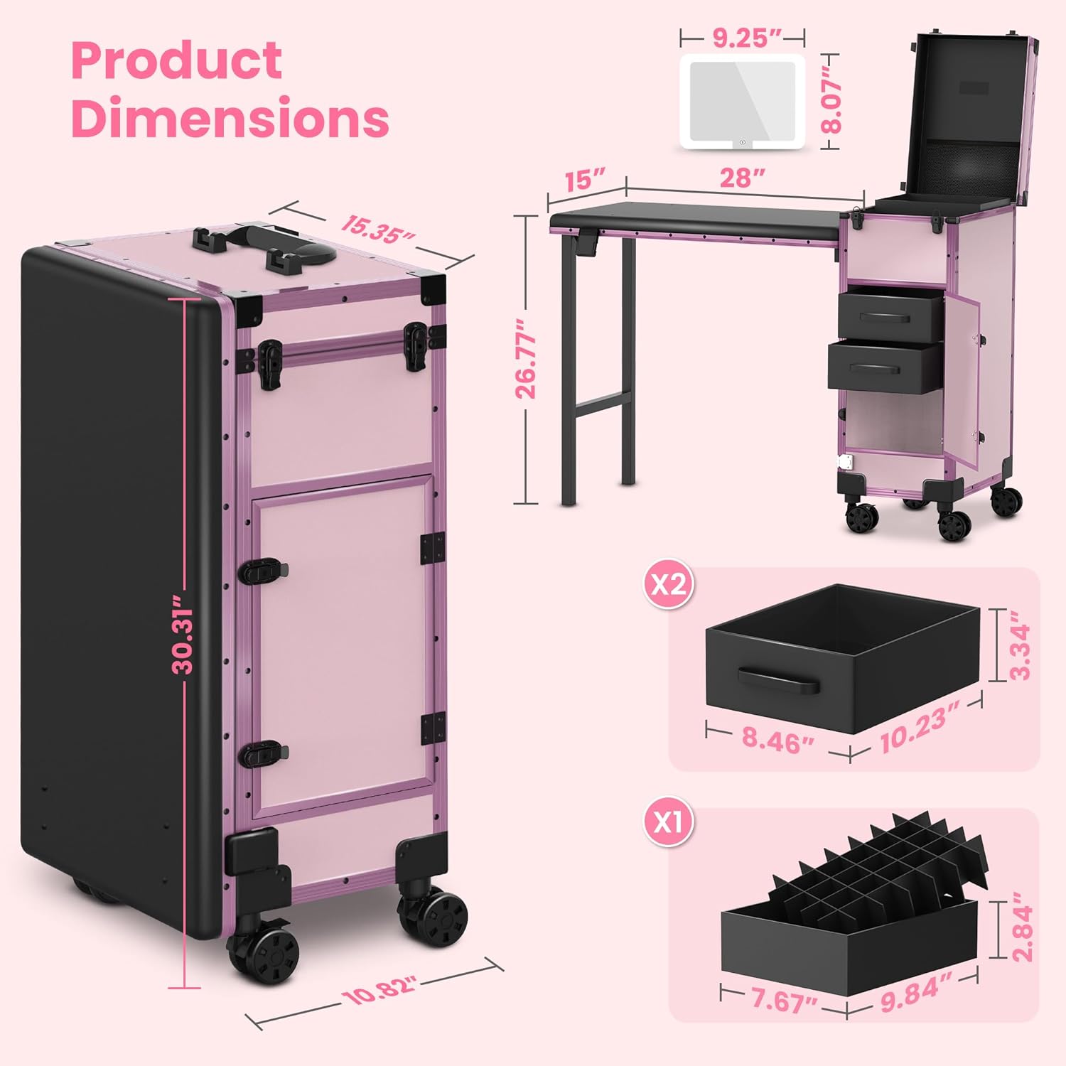 EASYINBEAUTY - Mesa de manicura portátil con 2 cajones, organizador de espejo y esmalte de uñas, estuche de tren de maquillaje con cerradura con computadora de uñas plegable, estuche de viaje
