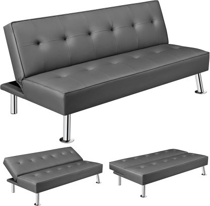 Yaheetech - Sofá Convertible de Piel sintética, sofá Cama, sofá de futón, sofá Ajustable, sofá de futón, Muebles de Sala de Estar con Patas de Metal Chapado en Cromo, Gris