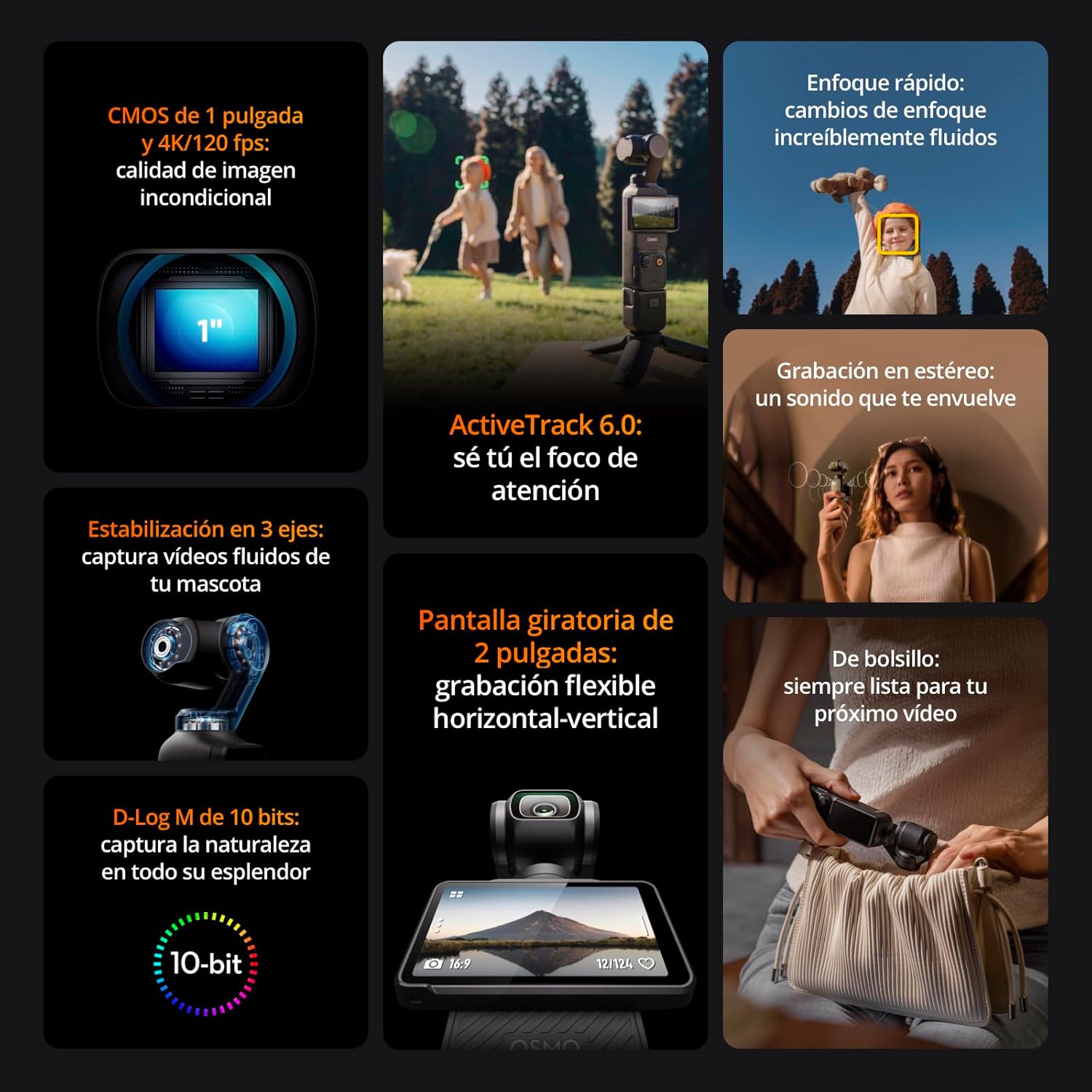 dji Osmo Pocket 3, cámara Vlogs con CMOS 1'' y vídeo 4K/120 fps, estabilización en 3 Ejes, Enfoque rápido, Seguimiento de Caras/Objetivos, Pantalla táctil giratoria de 2", cámara de vídeo pequeña