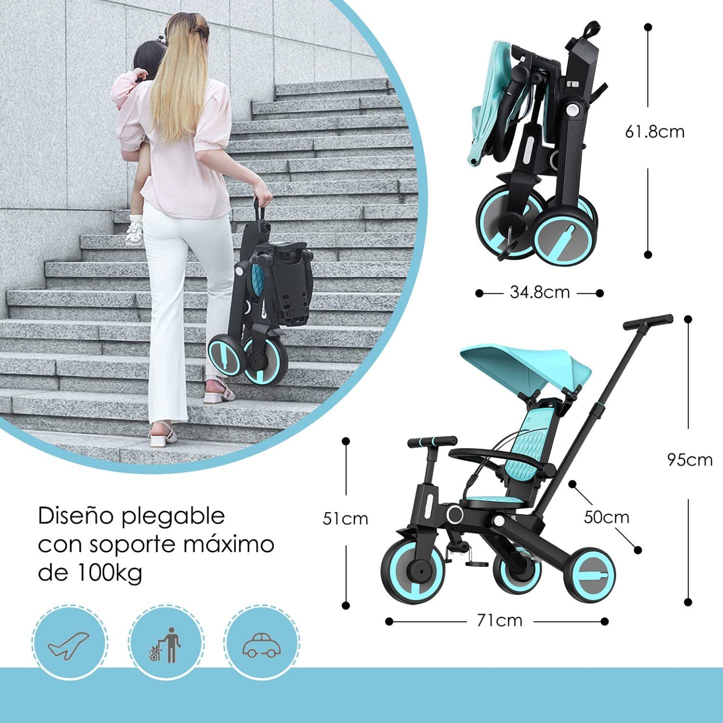 Triciclo de bebé 4 en 1, Bici polivalente, cochecito de dirección plegable, bicicleta de aprendizaje con barandilla desmontable, con toldo ajustable, arnés de seguridad, pedales plegable, freno, asa de empuje para padres, diseño de absorción de impactos,