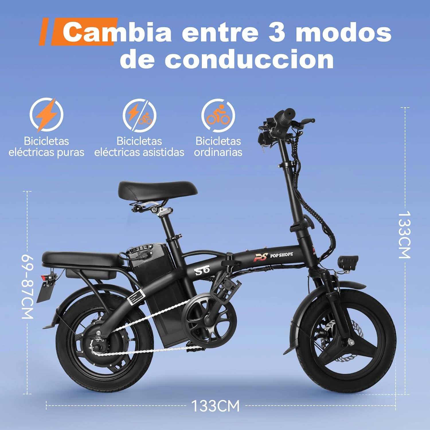 Pop Shope S6 Bicicleta Eléctrica Plegable para Adultos, Velocidad Máxima 35KM/H, Potencia Máxima del Motor 750W, Autonomía 35KM, Batería 48V/10.4AH