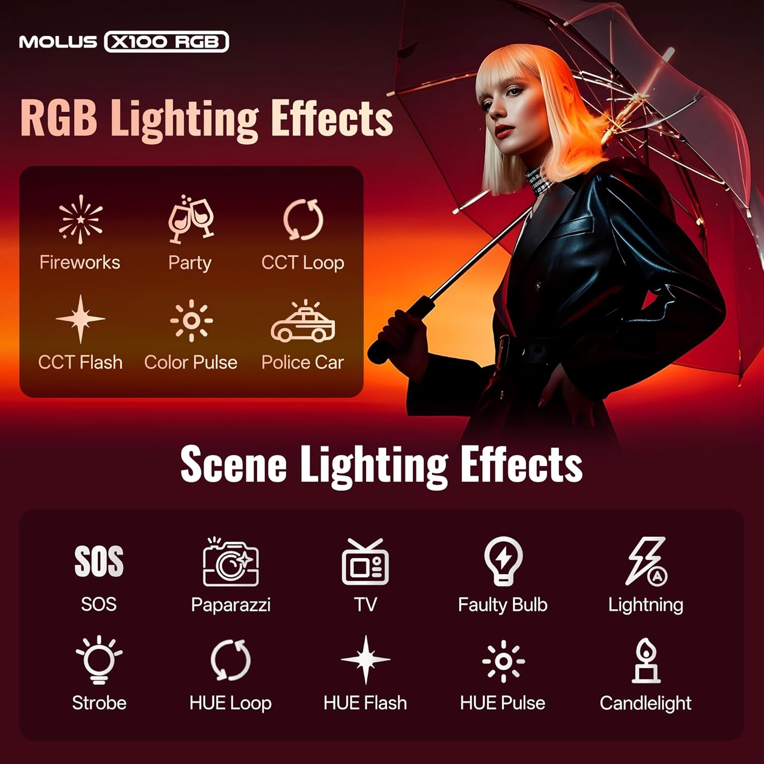 ZHIYUN MOLUS X100 RGB PRO 100W Video Light [Official] V2 Upgraded Version Professional Photography Lighting Portable Continuous Output Lighting 2500K~10000K CRI≥95 TLCI ≥97 Only 384g