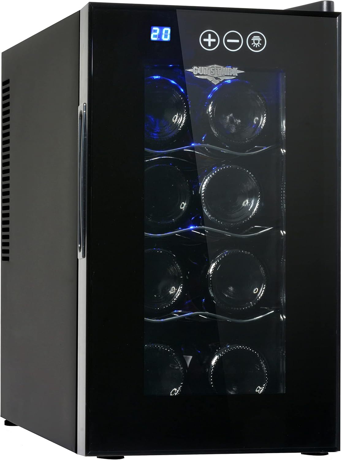 RACK & PACK Cava de Vinos para 8 Botellas 3 Rejillas Control de Temperatura Digital Iluminacion Led Azul Enfriador de Vinos Refrigerador para Vino Frigobar 8 – 18° C 55 W 22 L sin Vibraciones