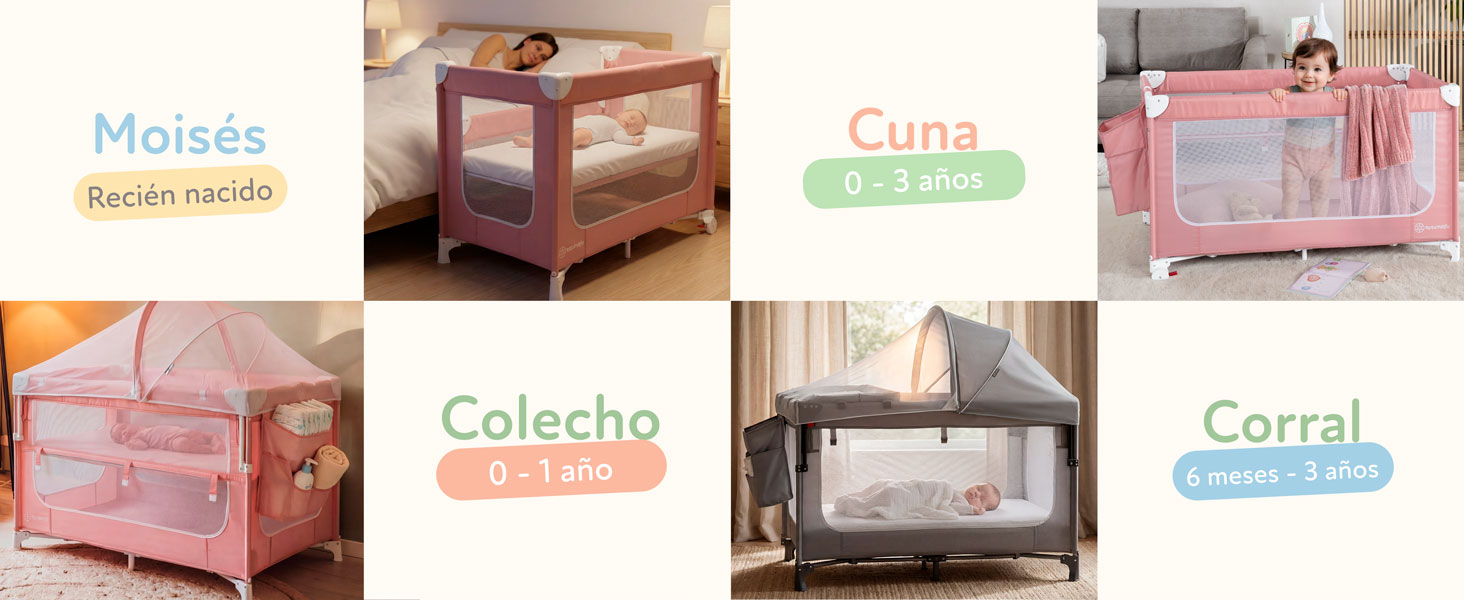 Cuna 4 en 1 ESQUIMALITO: moisés, colecho, cuna y corral. Crece con tu bebé desde 0 hasta 3 años.