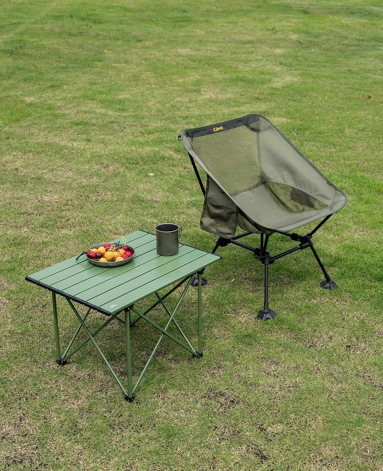 iClimb mesa de camping ultraligera, compacta, plegable con bolsa de transporte (Verde reforzado - L)