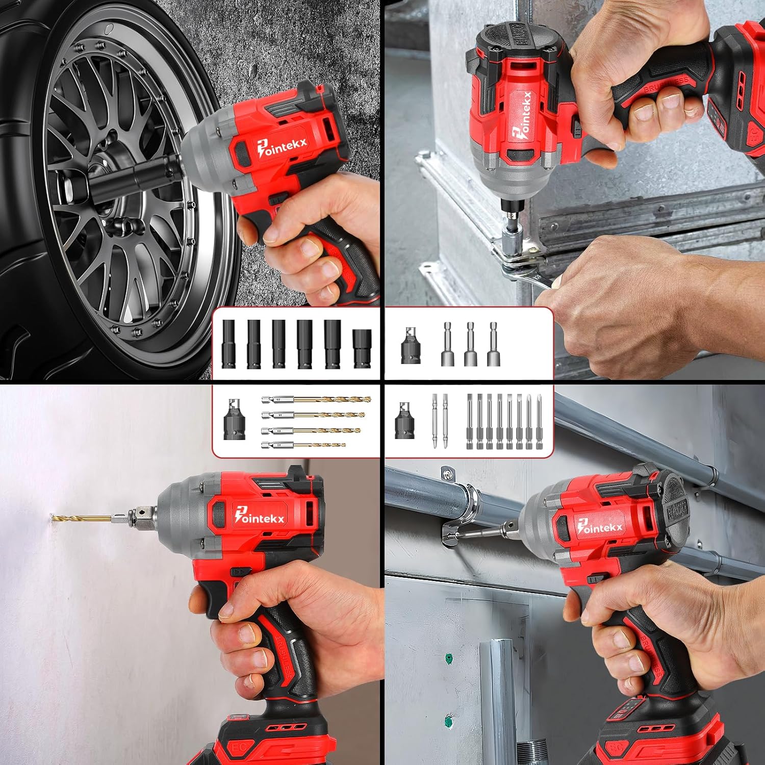 POINTEKX Pistola de Impacto 1/2" Inalambrica, 450N.M Llave de Impacto con Motor sin Escobillas, 2 * 3.0Ah Baterías Taladro de Impacto para Tornillos M6-M14, para Bricolaje y Reparación de Autos