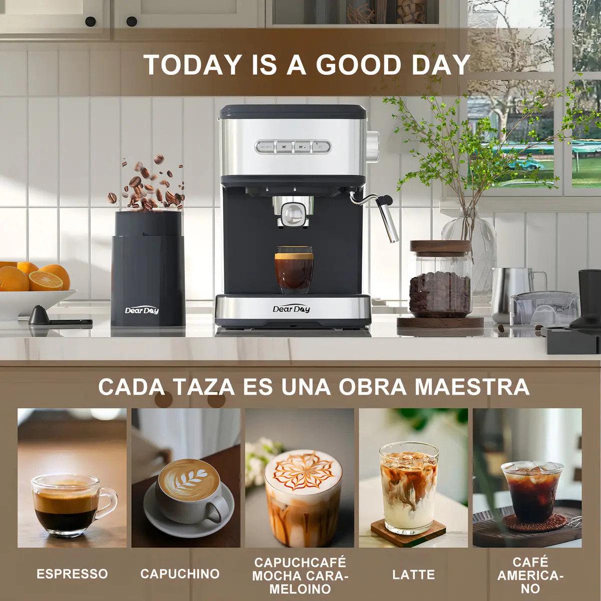 Cafetera Espresso DEAR DAY Semi Automática con Molino y Vaporizador para Café en Grano o Cápsulas