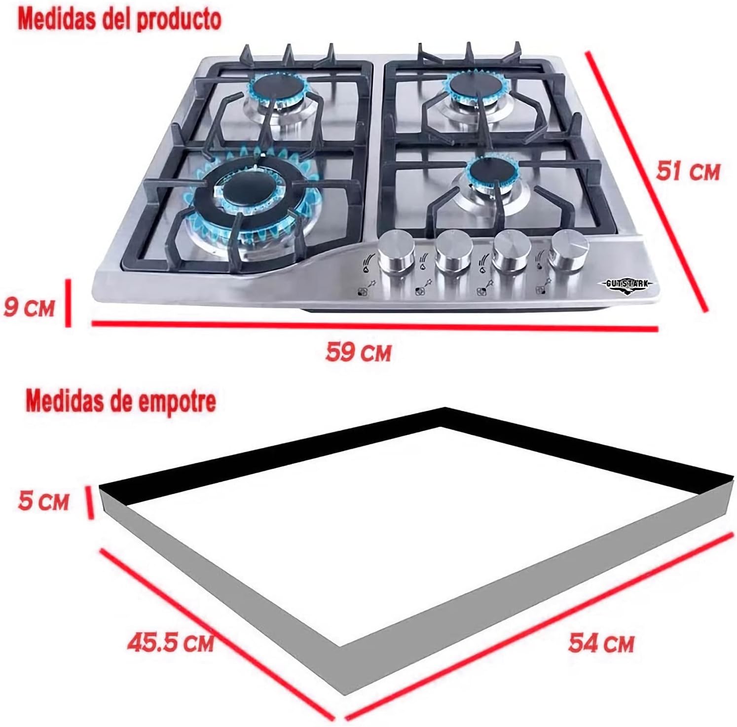 Just Home - Gutstark Parrilla de Gas Empotrable (Natural o LP) Parrilla 4 Quemadores Acero Inoxidable Parrilla para Cocina Encendido Electronico Medidas (59x45x9cm) Estufa Empotrable 4 Quemadores