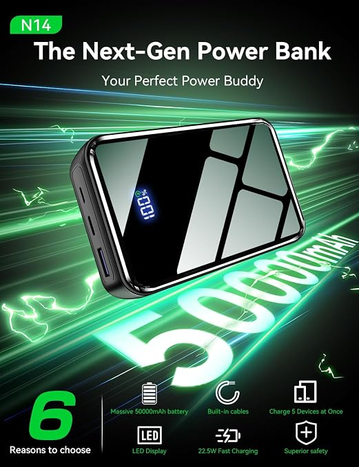 Portable Charger Power Bank 50000mAh, 22.5W Fast Charging Portable Charger with Built-in Cables, Travel Camping 4 Outputs External Battery Pack, LED Display