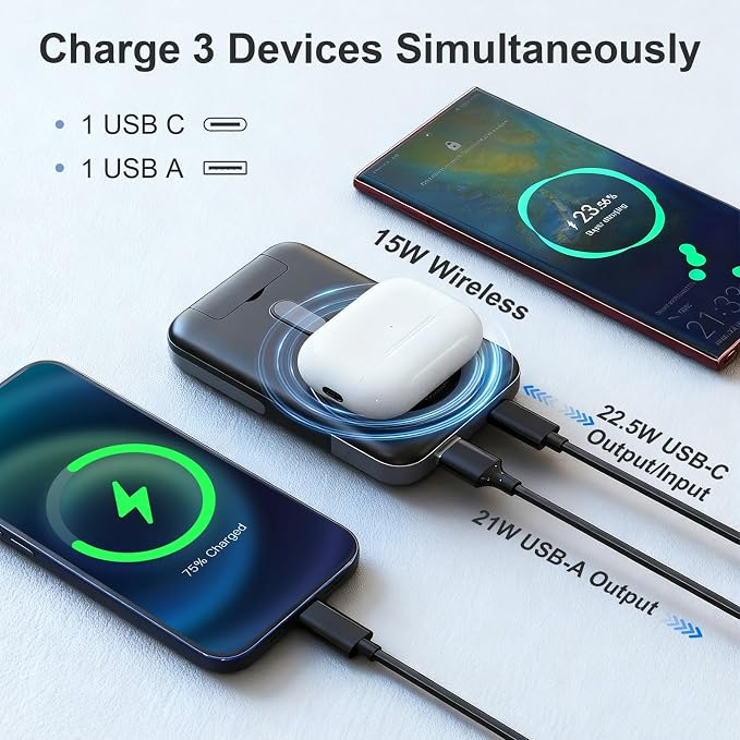 Magnetic Power Bank 22.5W 10,000mAh Wireless Portable Charger | Battery Pack with LED Display Adjustable Dual-Foldable Stand Magsafe-Compatible