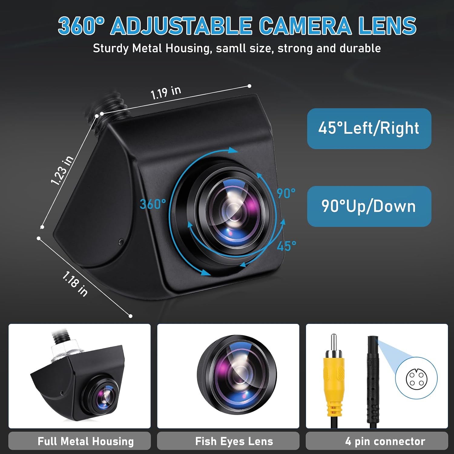 Backup Camera Rear View Reverse Camera | with IP69K Waterproof, Night Vision, Adjustable Lens (Up/Down/Left/Right), 4pin Connector, for 12-24V Car Vehicle SUV RV