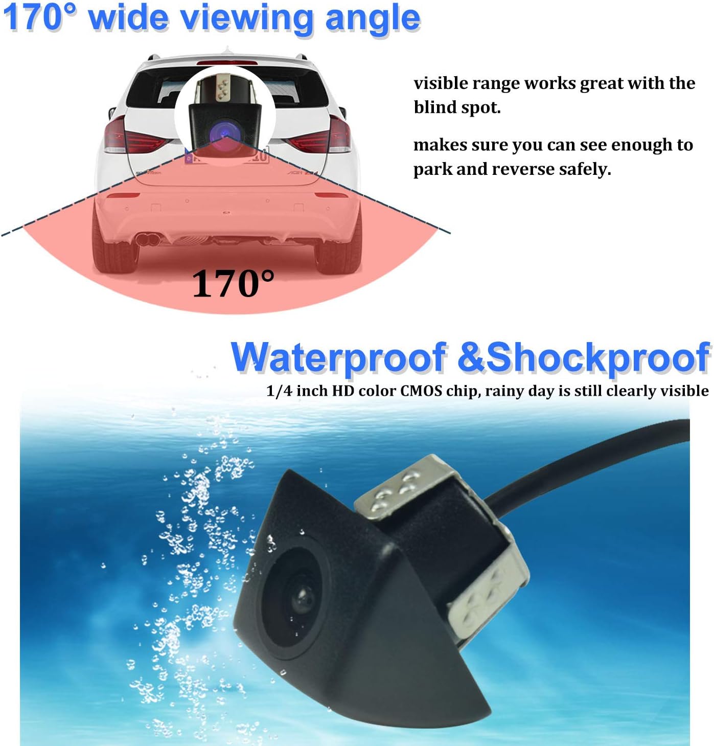 Waterproof IP68 Night Vision Car Rear View Reverse Backup Camera 170 Degree Universal Color CMOS Imaging Chip Reversing Camera Parking HD Front View Camera