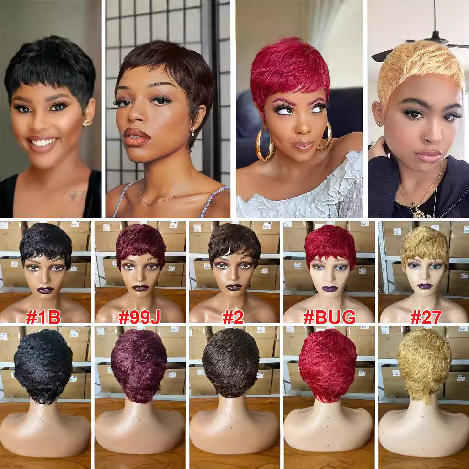 Remy Human Hair Short PIXIE Wig Full Machine Made Natural Black 99J Burgundy Orange Brown Chocolate WIGLTD