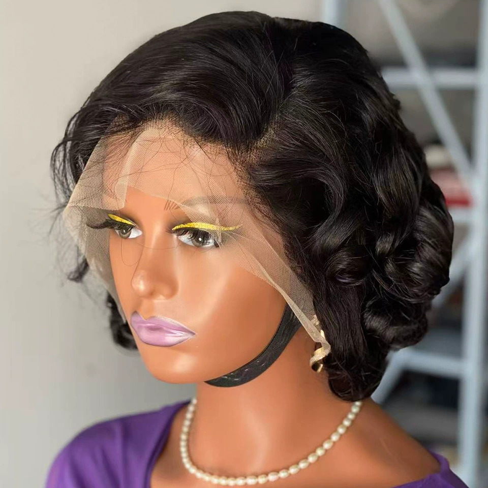 Remy Human Hair Short PIXIE 13x4 Lace Front Wig Natural Black Curly Curl WIGLTD
