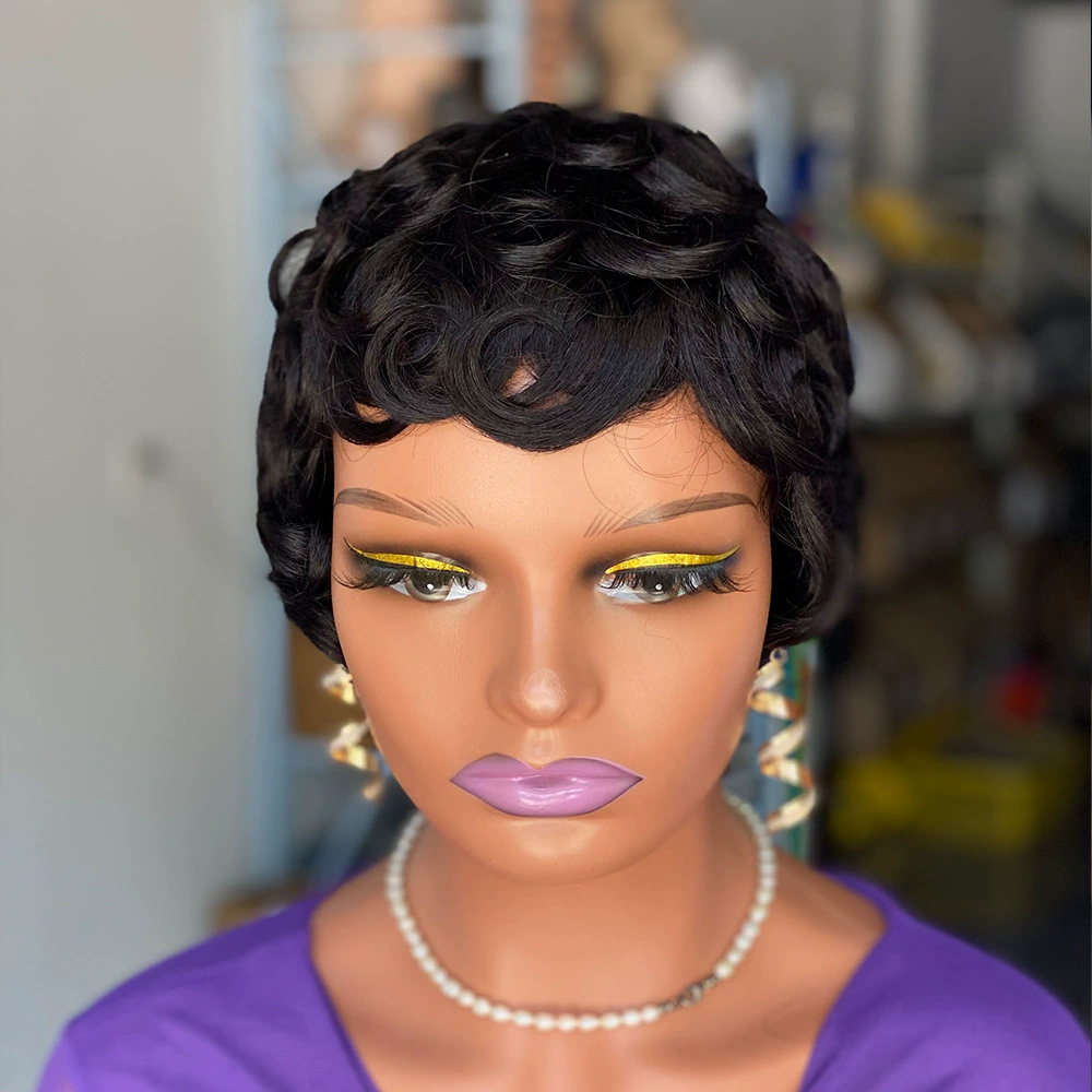 Remy Human Hair Short Wavy Wig Full Machine Made Natural Black WIGLTD