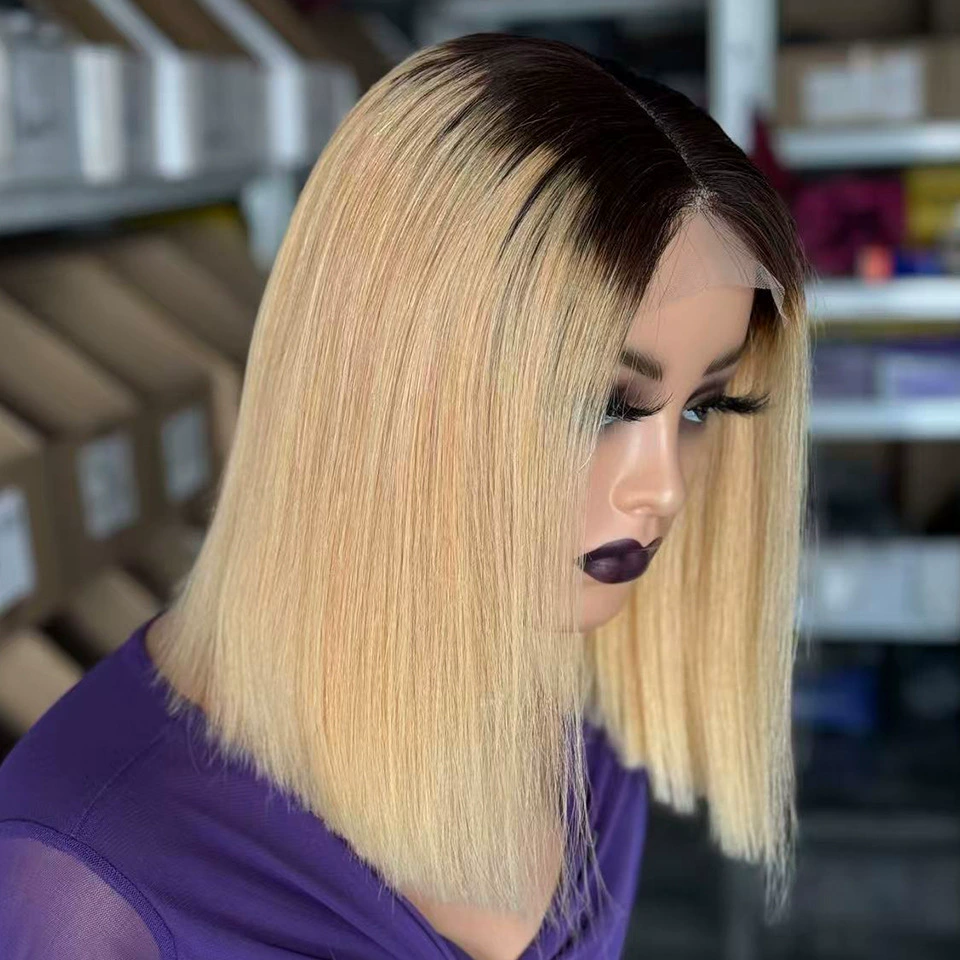 15A 10 Inches Remy Human Hair Short Straight Bob Wig 4x4 Lace Closure 4#/27# Ombre Color Chocolate Golden WIG.LTD