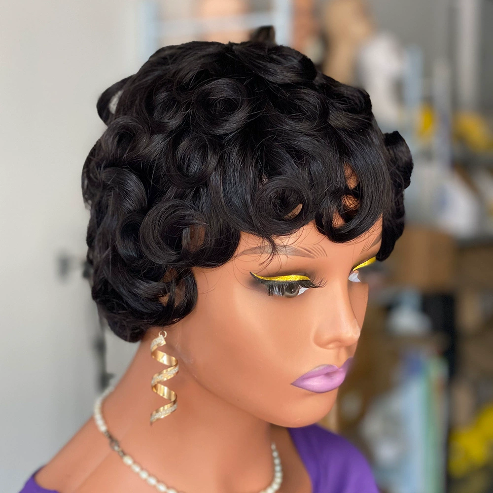 Remy Human Hair Short Wavy Wig Full Machine Made Natural Black WIGLTD