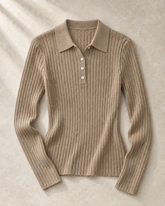The Ribbed Polo in oatmeal, front editorial view showing the tonal collar and vertical ribs.