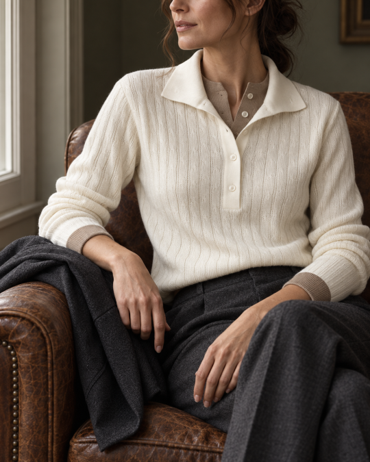 The contrasting collar and cuffs beside charcoal tailoring, editorial styling view.