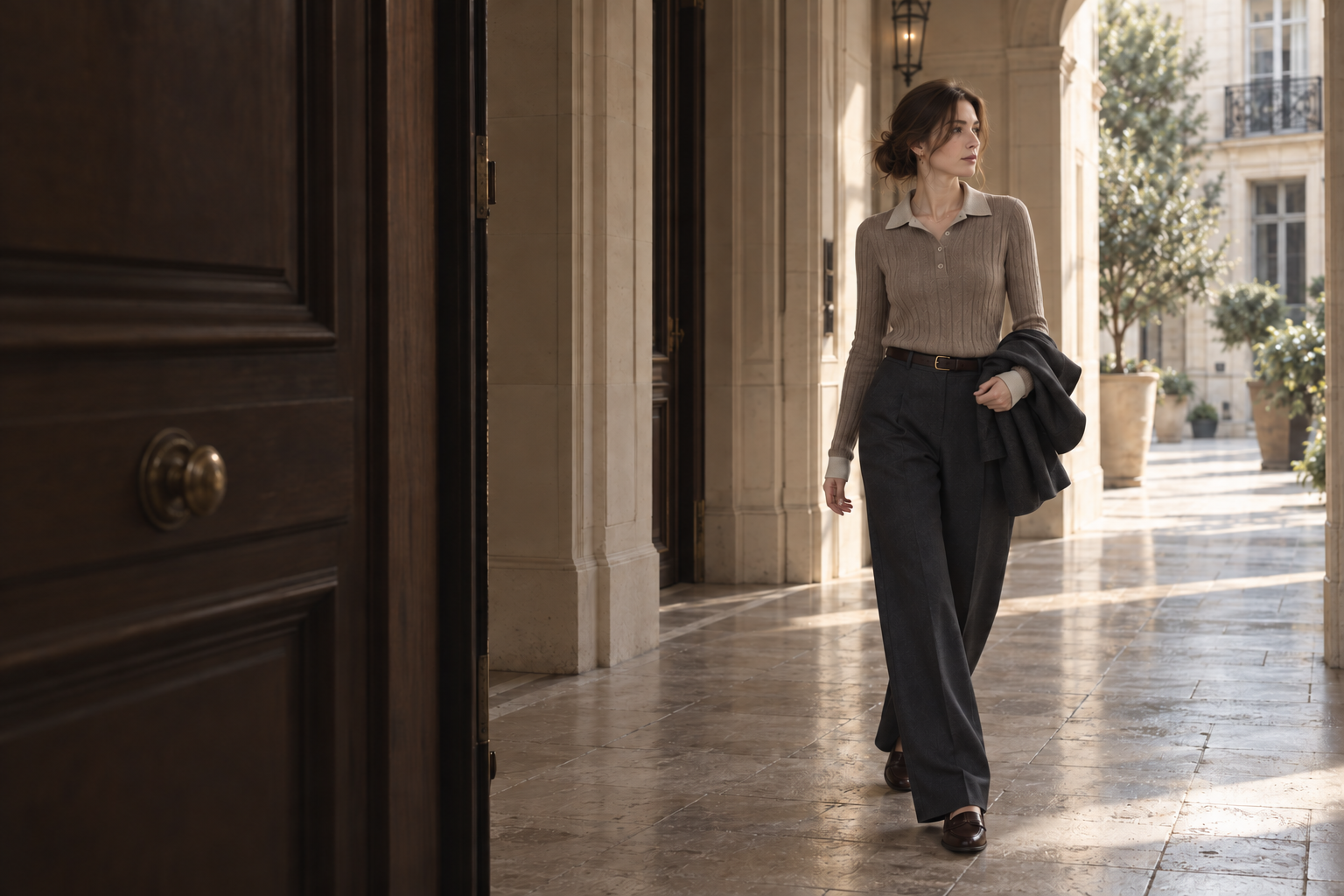 A woman in a taupe knit steps through a sunlit stone doorway.