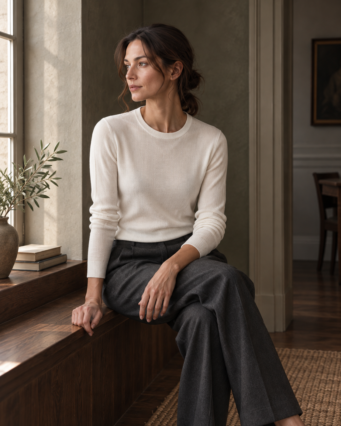 The ivory Crewneck Knit styled with charcoal trousers, seated by a window. Editorial styling view.