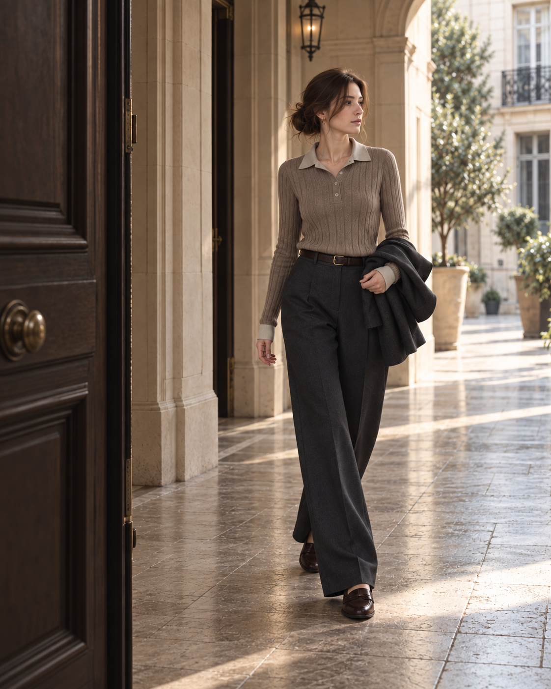The contrast-collar polo, styled with charcoal trousers.