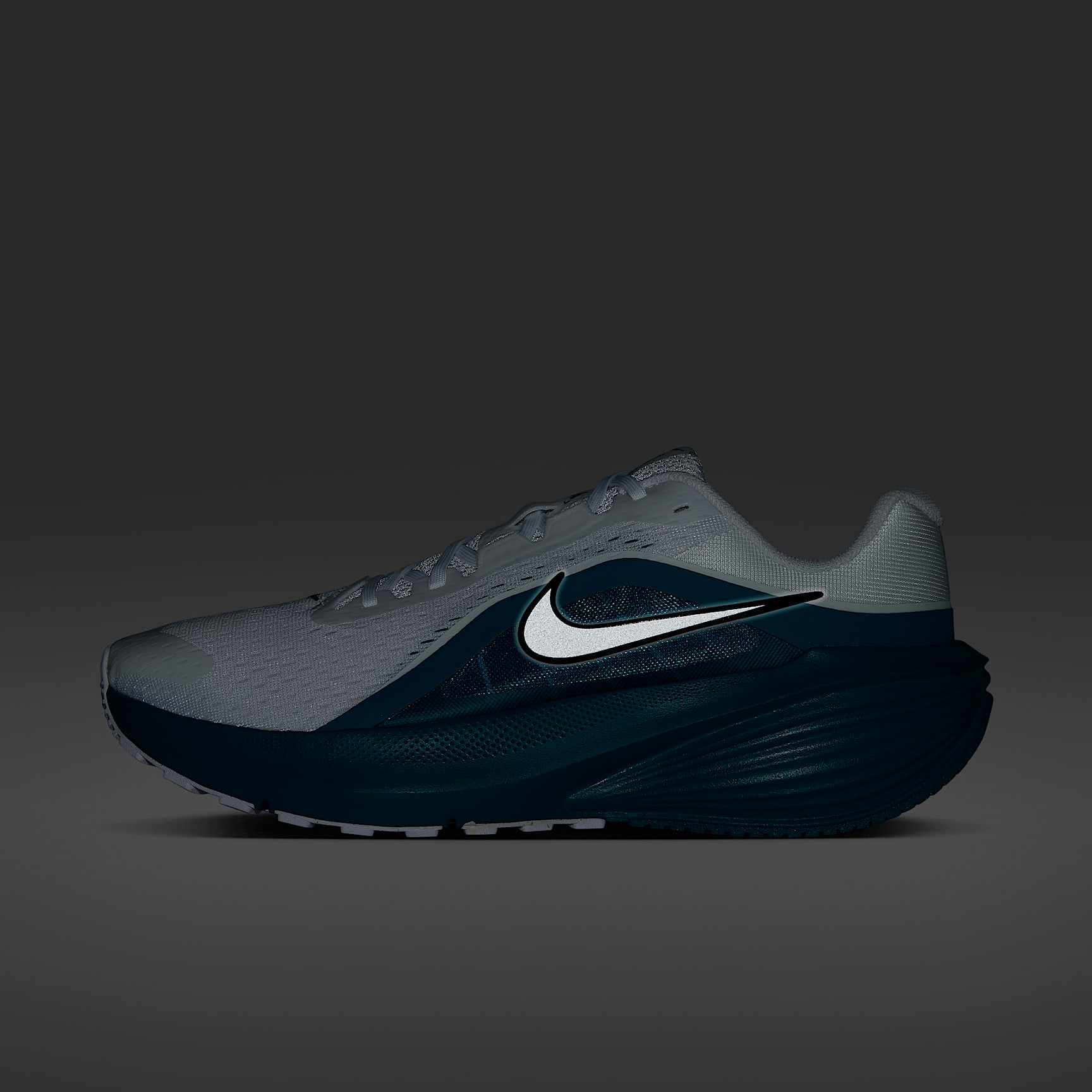 Nike Downshifter 14 Straßenlaufschuh (Herren) – Weiß/Bright Spruce/Schwarz/Metallic Silver