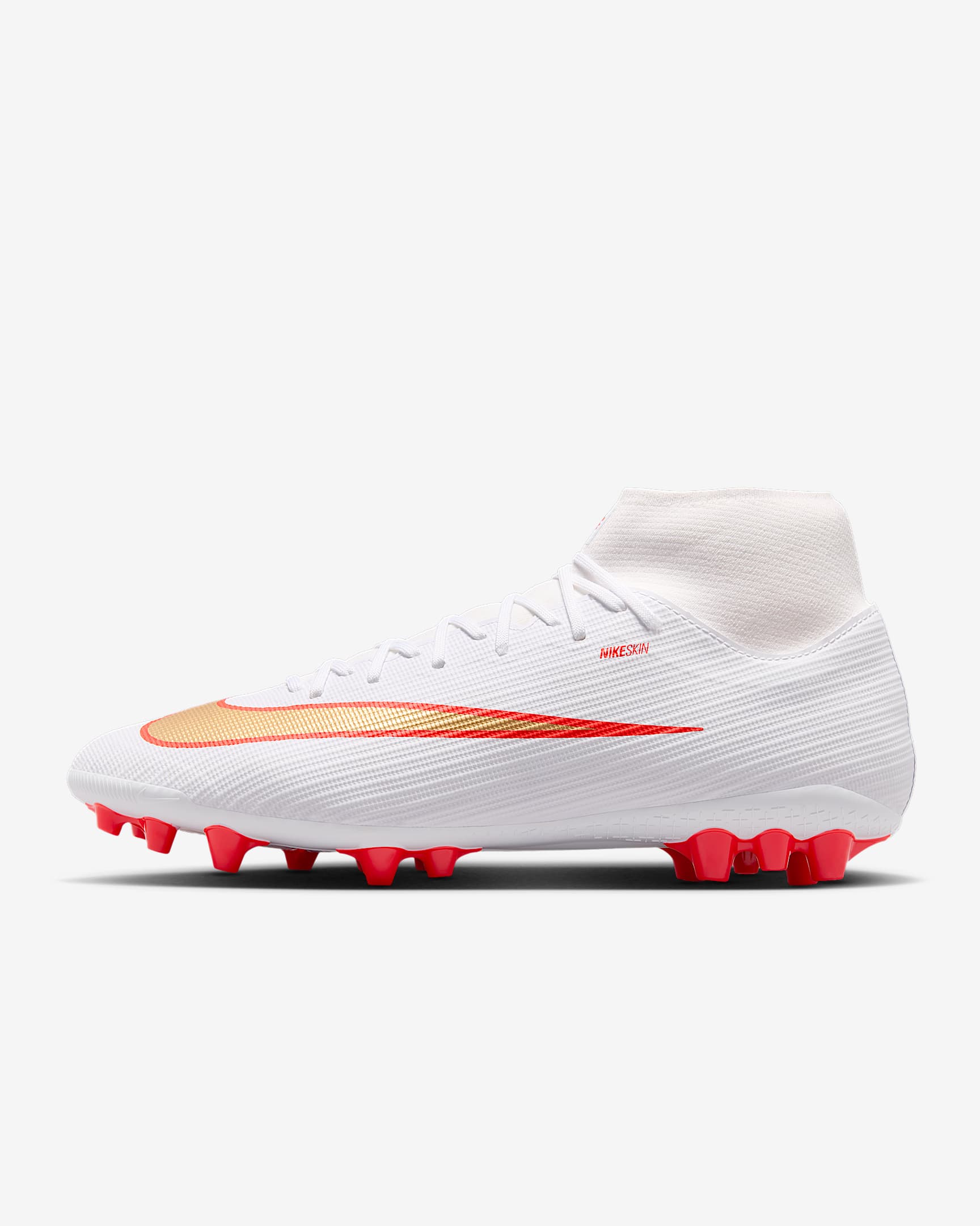 Nike Mercurial Superfly 11 Academy High-Top-Fußballschuh für Kunstrasen – Weiß/Bright Crimson/Blur