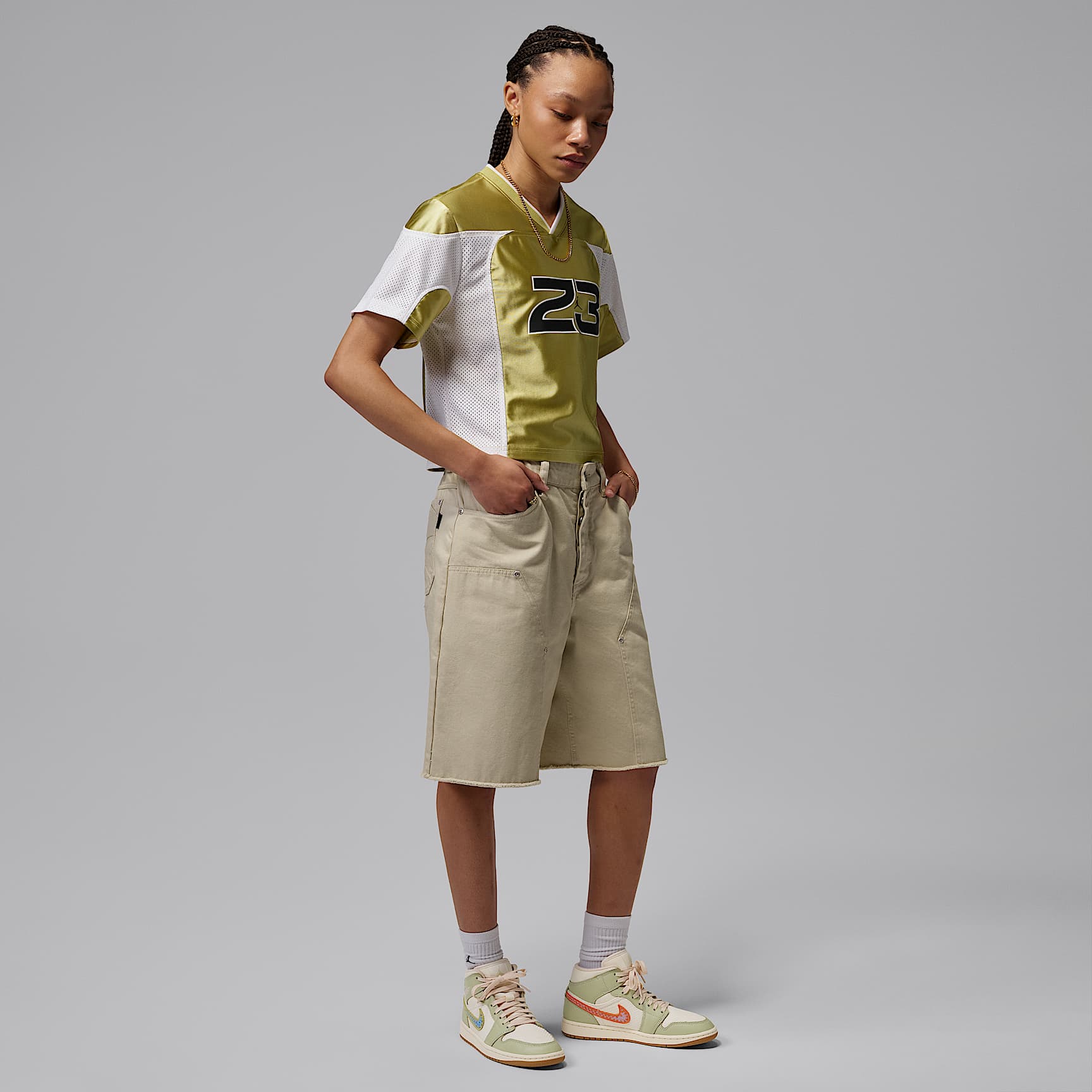 Air Jordan 1 Mid SE Schuh (Damen) – Olive Aura/Lawn/University Blue/Pearl White