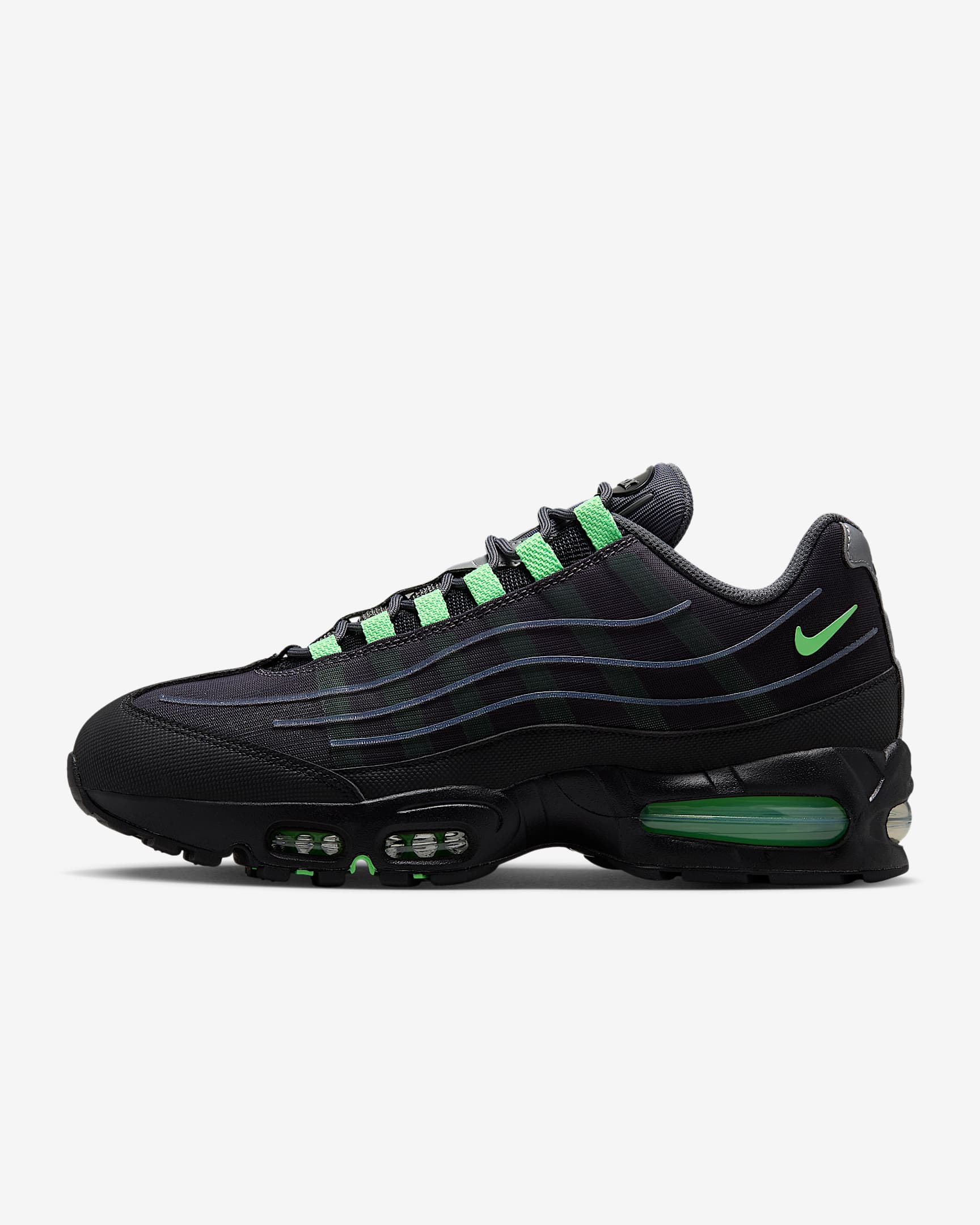 Nike Air Max 95 Big Bubble Tech Schuh (Herren) – Iron Grey/Schwarz/Metallic Silver/Illusion Green