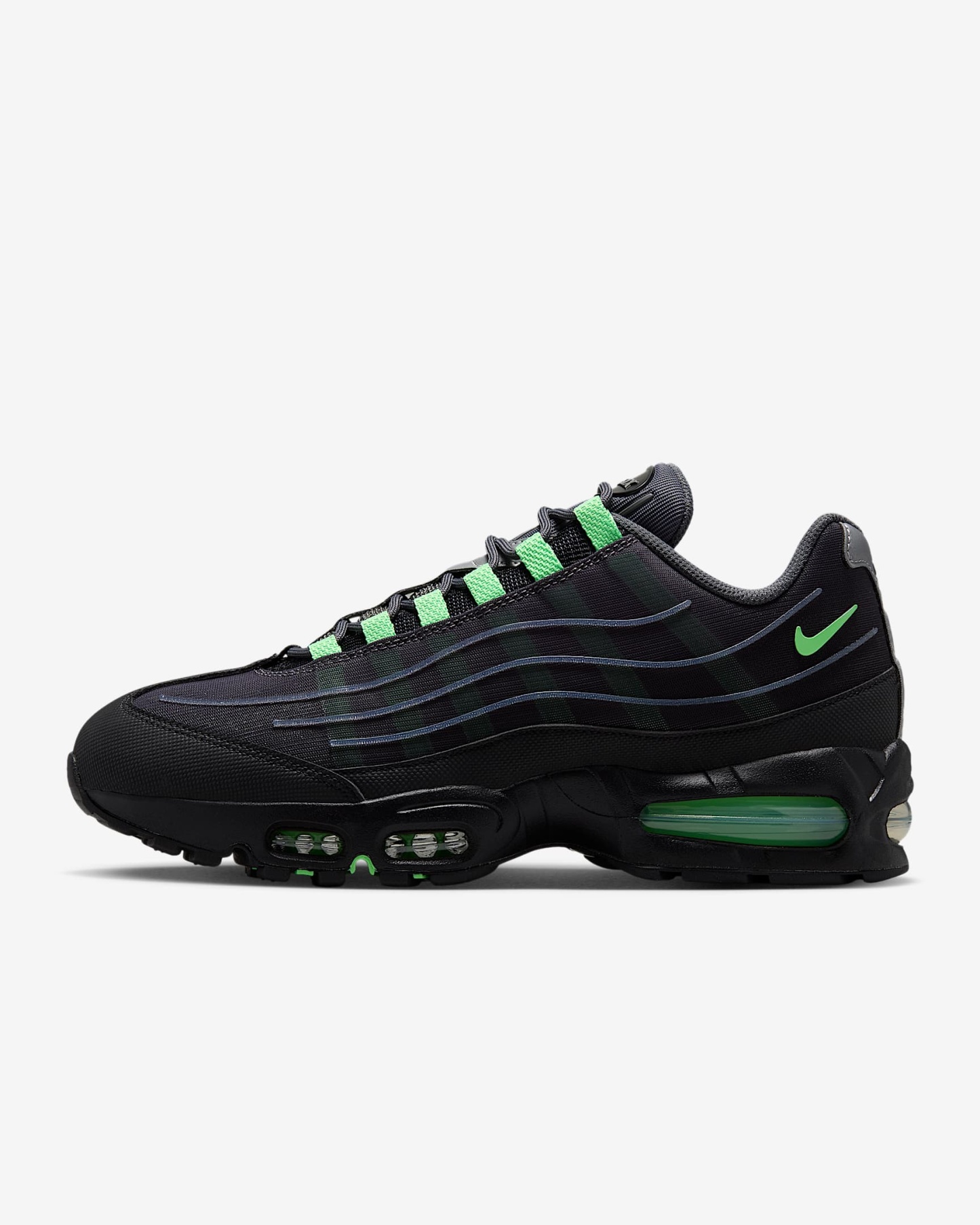 Nike Air Max 95 Big Bubble Tech Schuh (Herren) – Iron Grey/Schwarz/Metallic Silver/Illusion Green