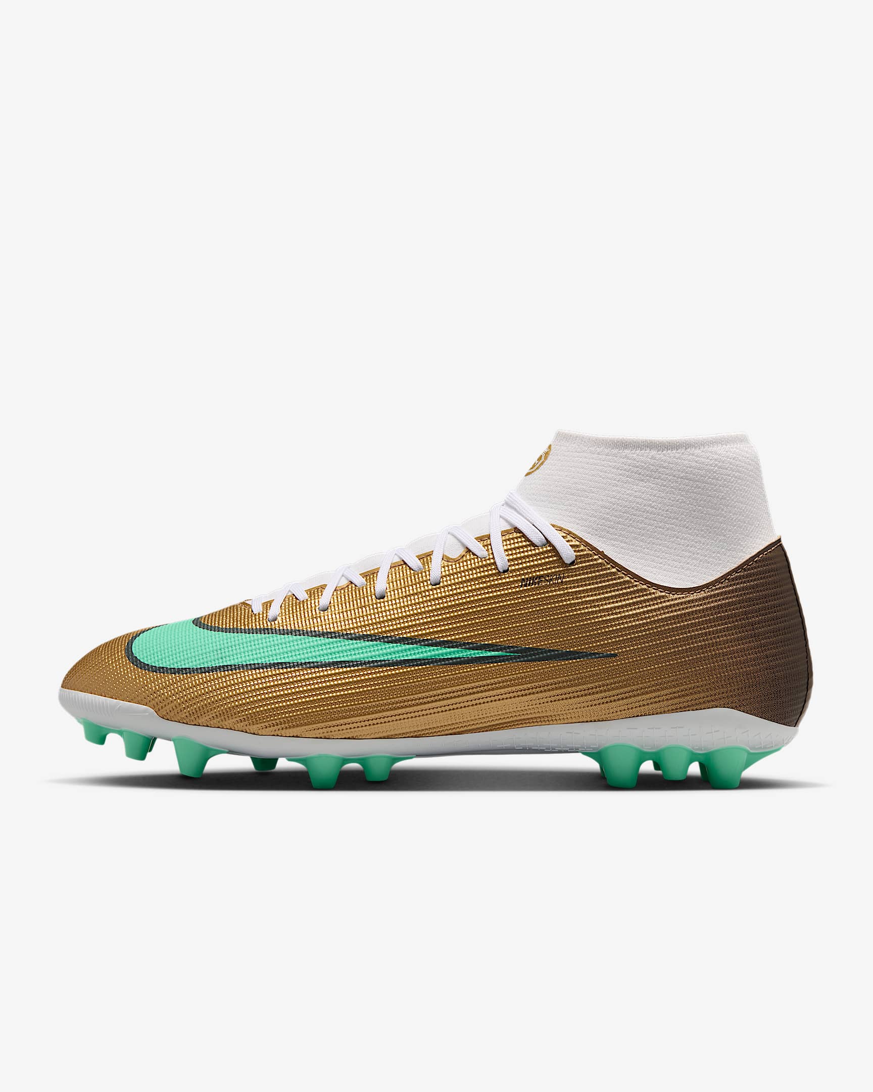 Nike Mercurial Superfly 11 Academy „Kylian Mbappé“ High-Top-Fußballschuh für Kunstrasen – Metallic Gold/Green Glow