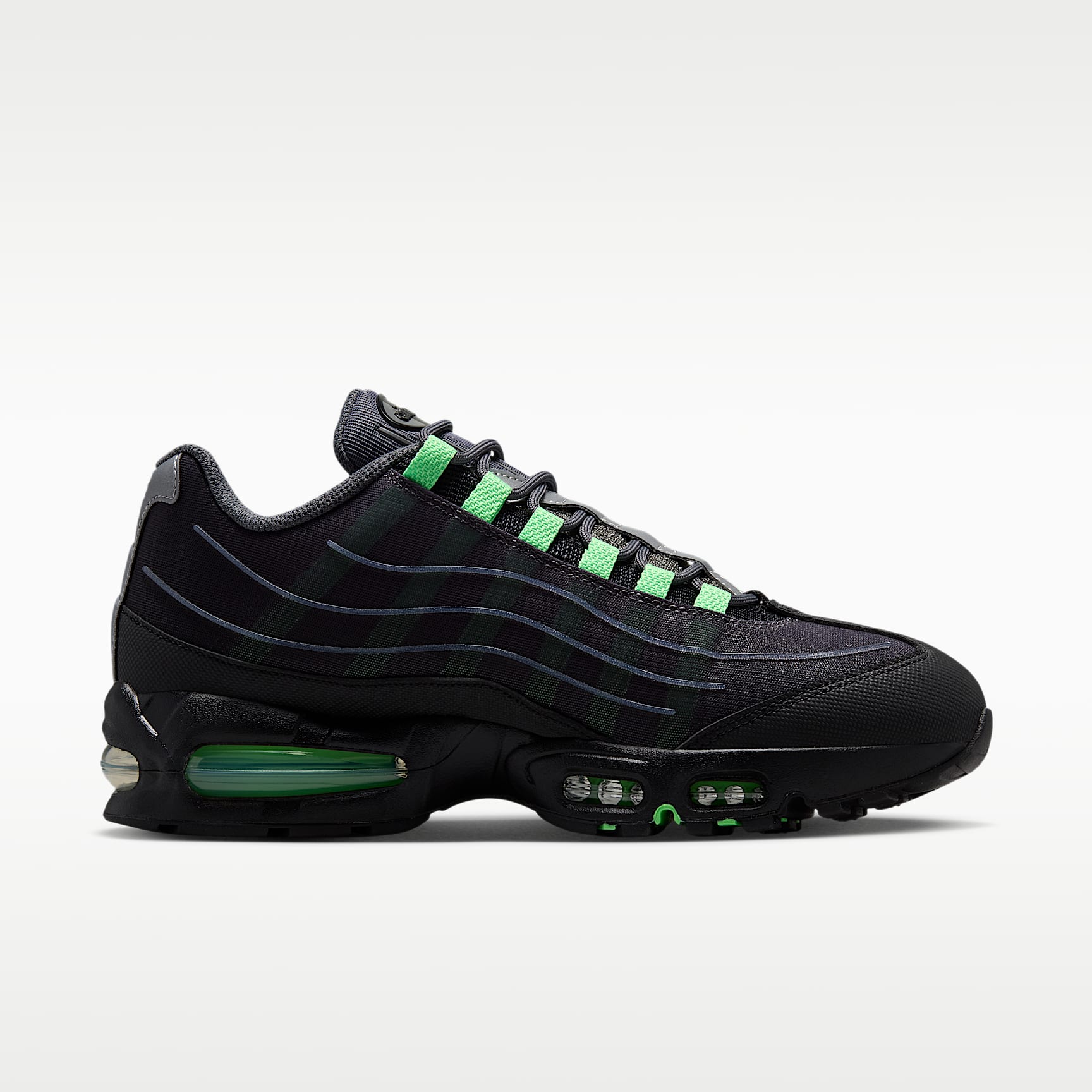 Nike Air Max 95 Big Bubble Tech Schuh (Herren) – Iron Grey/Schwarz/Metallic Silver/Illusion Green