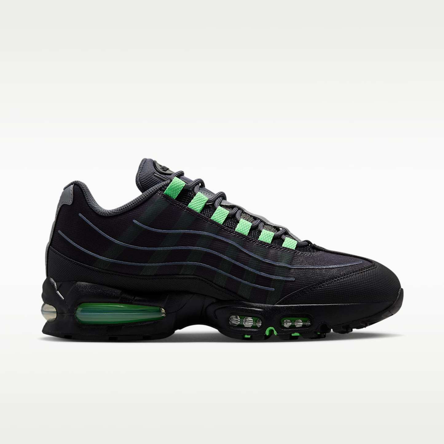 Nike Air Max 95 Big Bubble Tech Schuh (Herren) – Iron Grey/Schwarz/Metallic Silver/Illusion Green