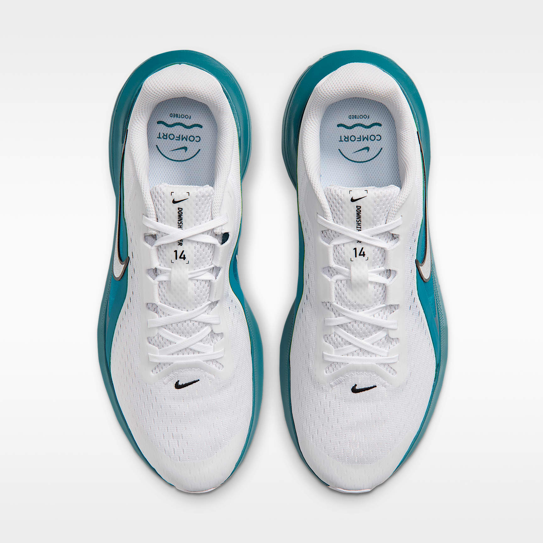 Nike Downshifter 14 Straßenlaufschuh (Herren) – Weiß/Bright Spruce/Schwarz/Metallic Silver