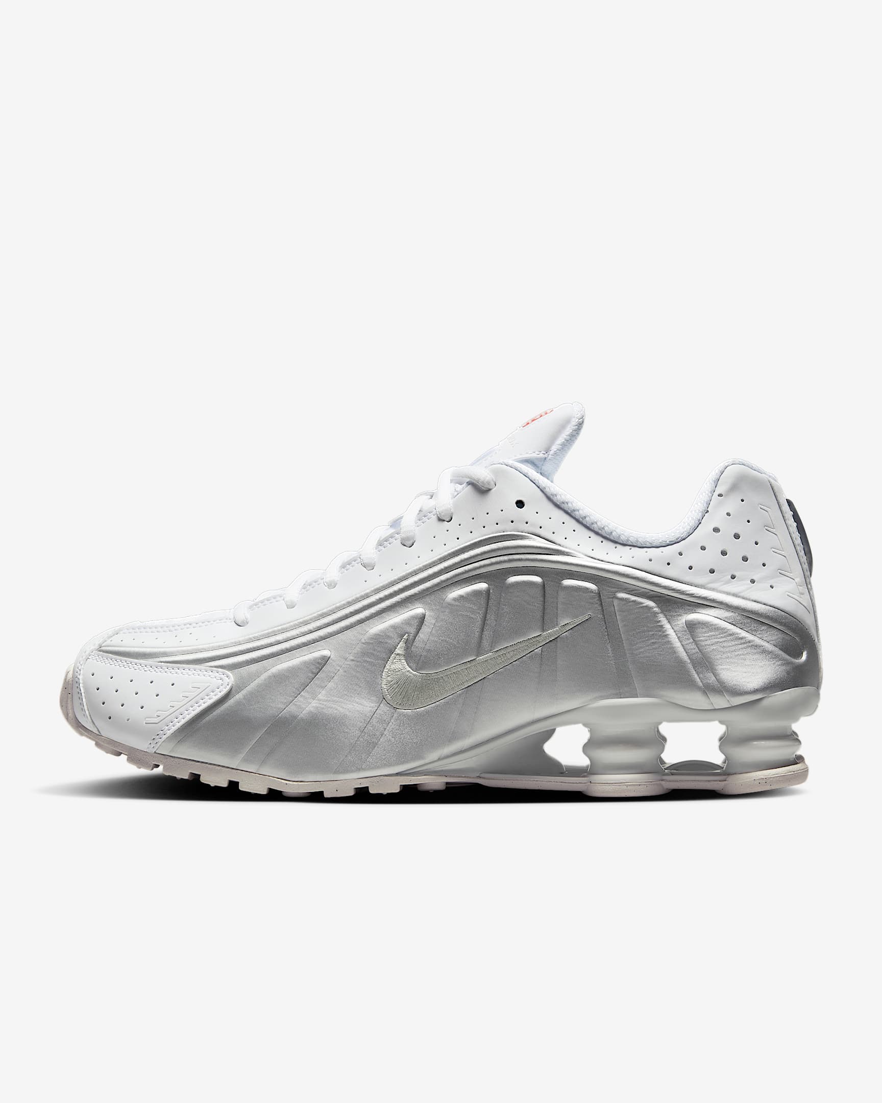 Nike Shox R4 Schuh (Herren) – Weiß/Weiß/Bright Crimson/Metallic Silver