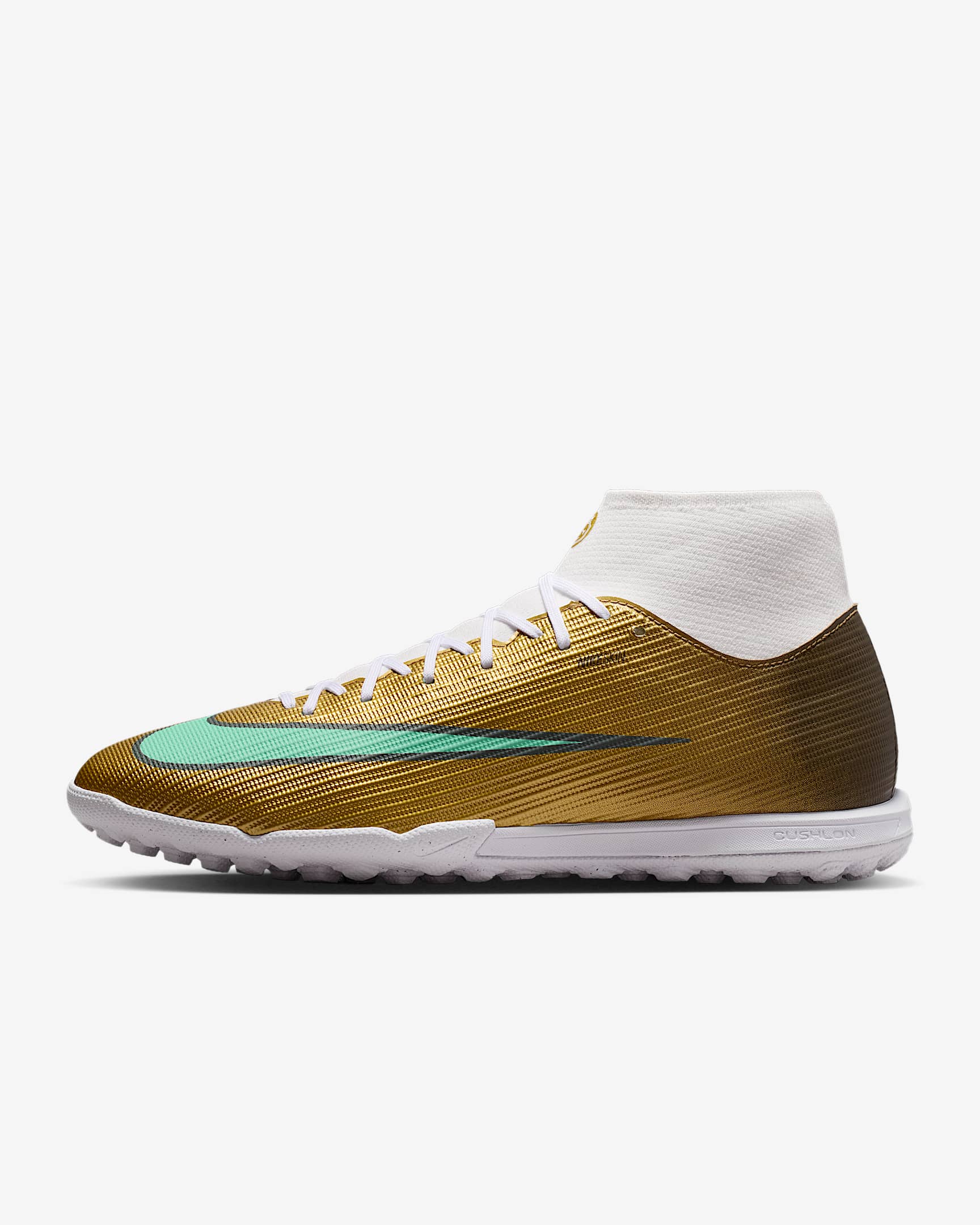 Nike Mercurial Superfly 11 Academy „Kylian Mbappé“ High-Top-Fußballschuh für Turf – Metallic Gold/Green Glow