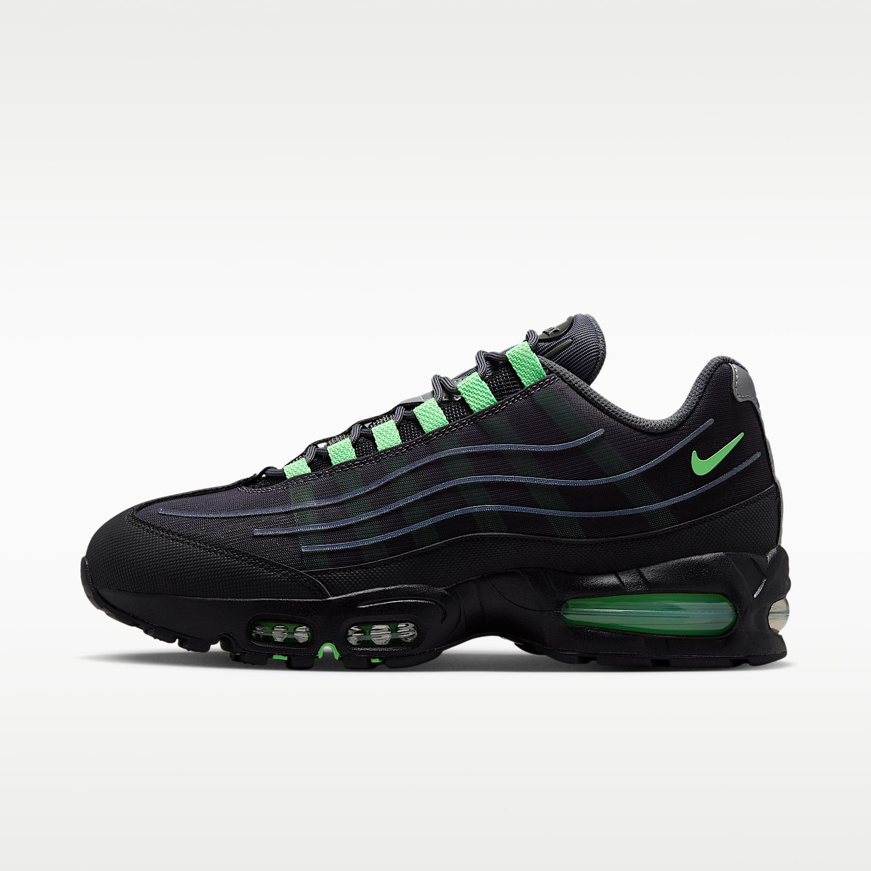 Nike Air Max 95 Big Bubble Tech Schuh (Herren) – Iron Grey/Schwarz/Metallic Silver/Illusion Green