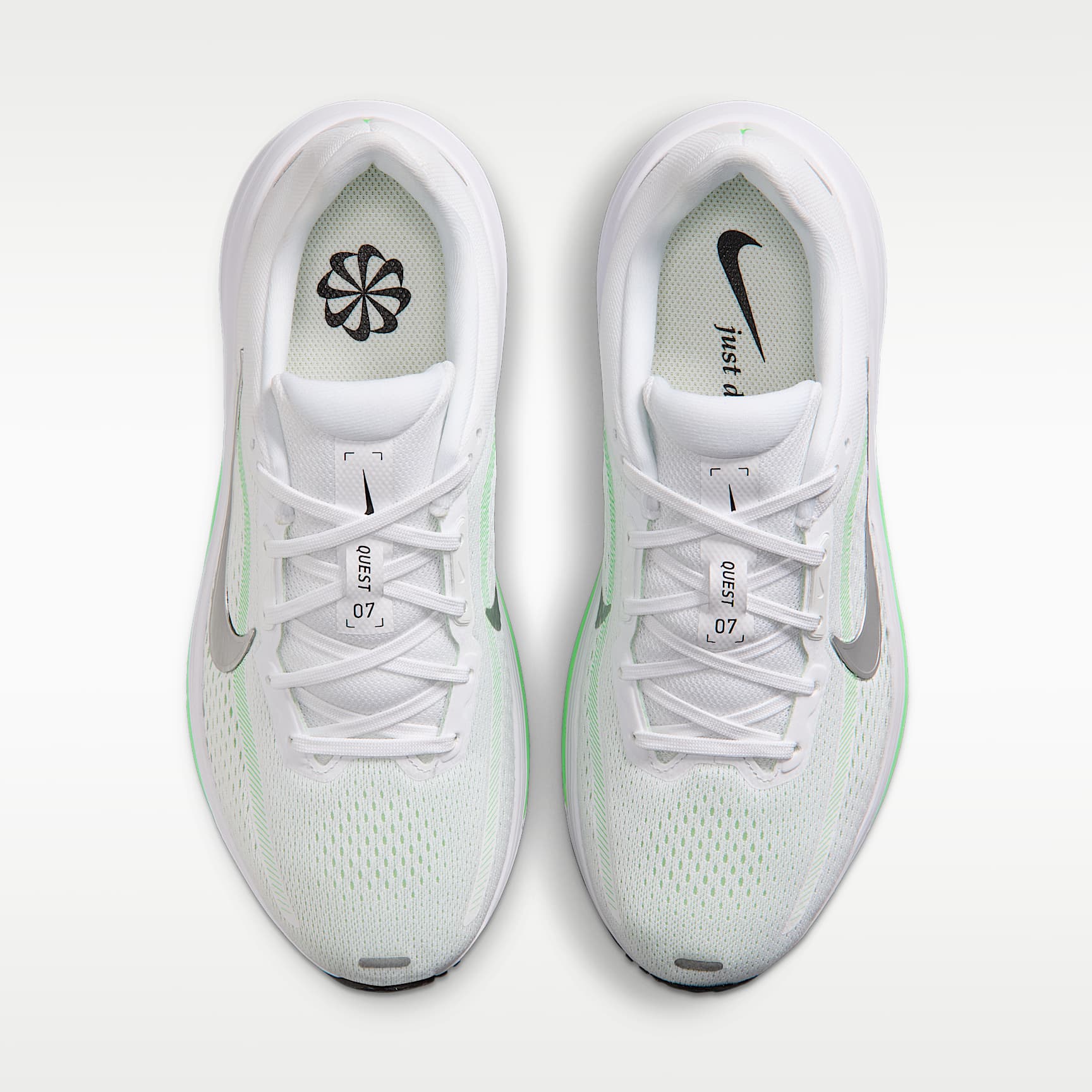 Nike Quest 7 Straßenlaufschuhe (Damen) – Weiß/Illusion Green/Cucumber Calm/Metallic Silver