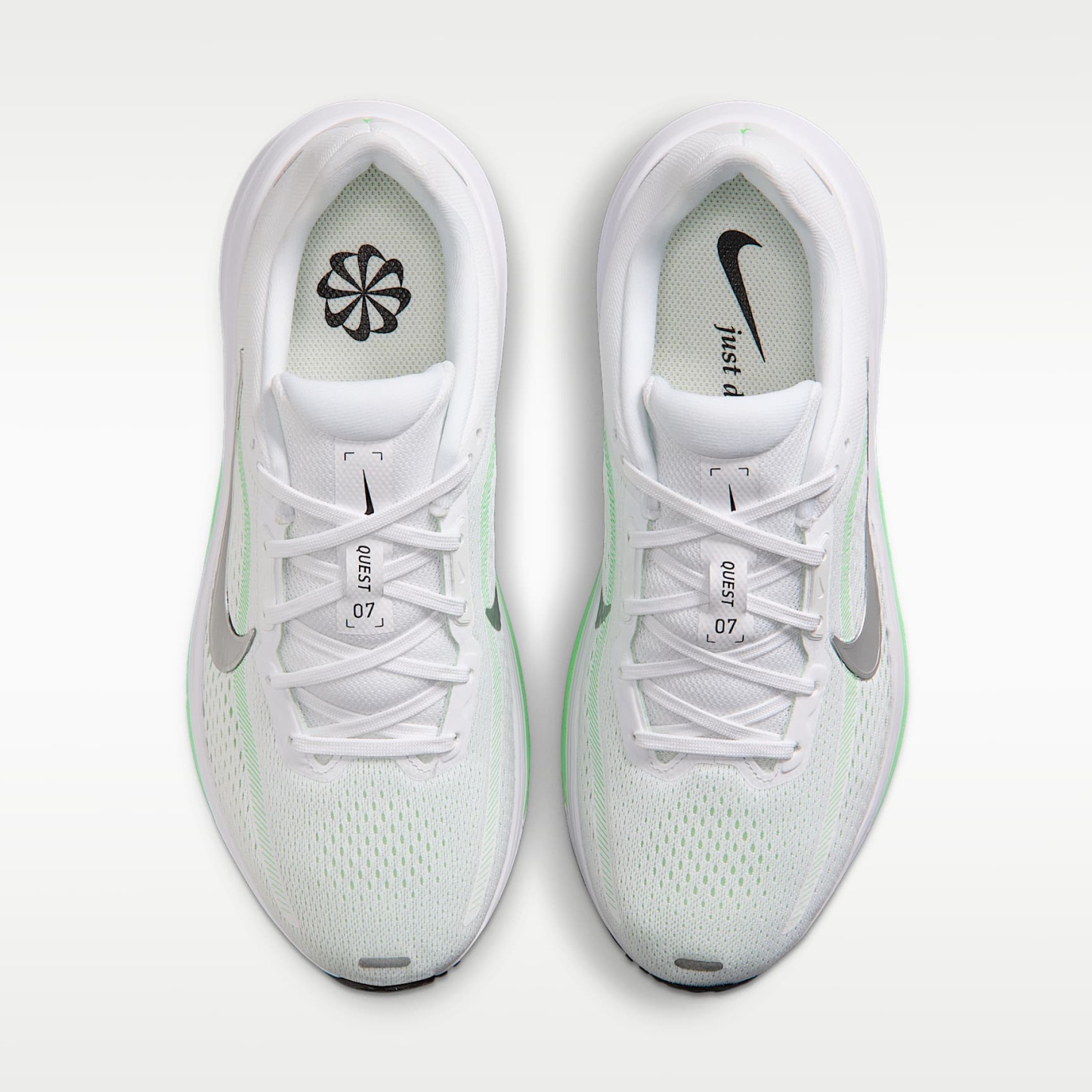 Nike Quest 7 Straßenlaufschuhe (Damen) – Weiß/Illusion Green/Cucumber Calm/Metallic Silver