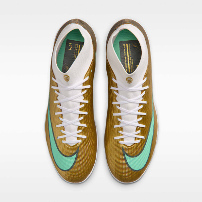Nike Mercurial Superfly 11 Academy „Kylian Mbappé“ High-Top-Fußballschuh für Turf – Metallic Gold/Green Glow