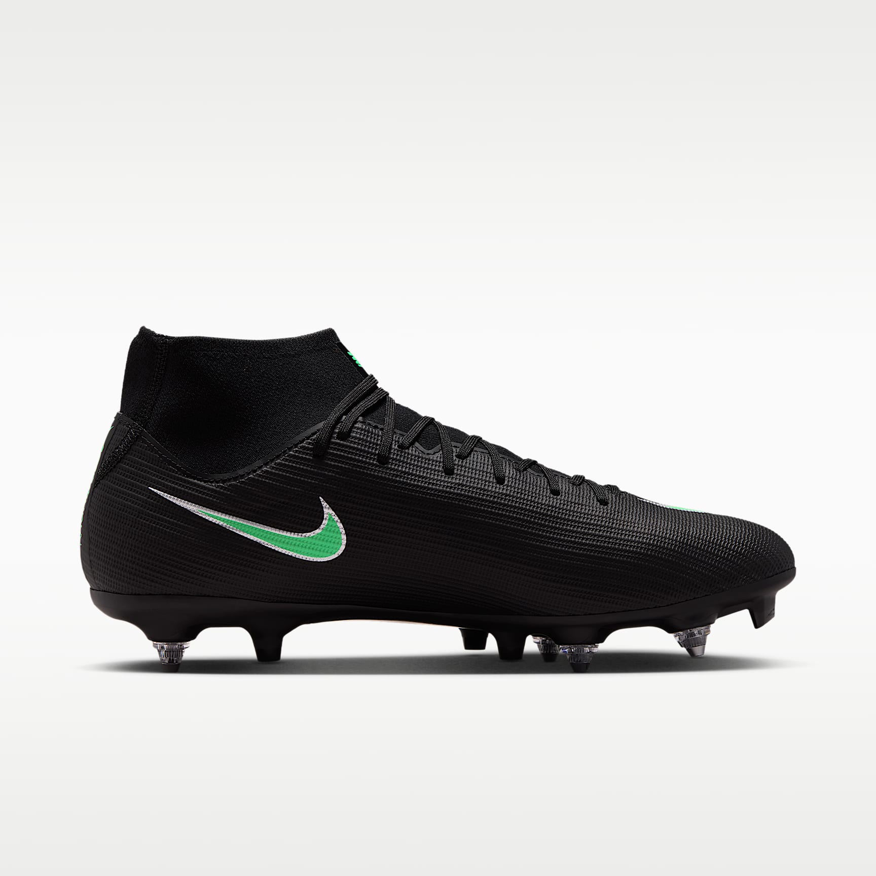 Nike Mercurial Superfly 11 Academy High-Top-Fußballschuh für weichen Rasen – Schwarz/Schwarz/Illusion Green