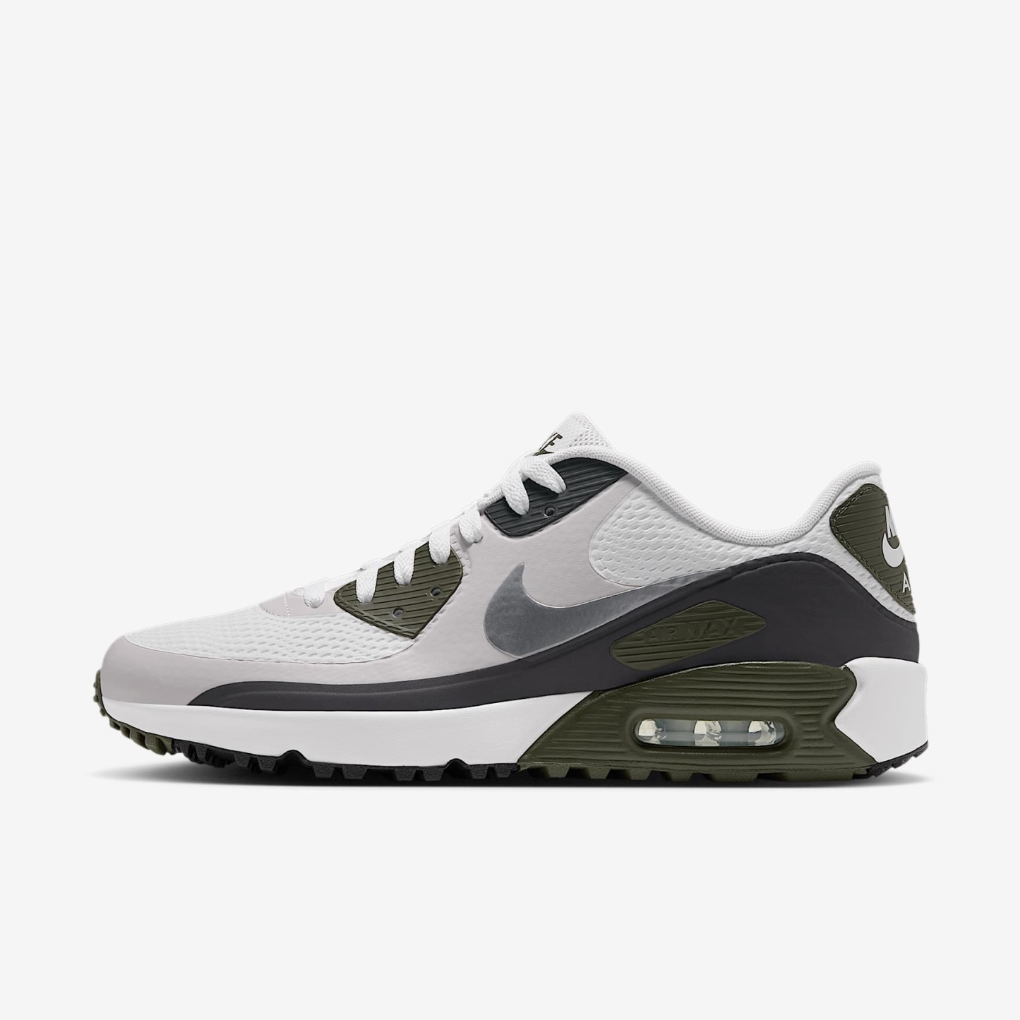 Nike Air Max 90 G Golfschuh – Weiß/Medium Olive/Vast Grey/Metallic Silver