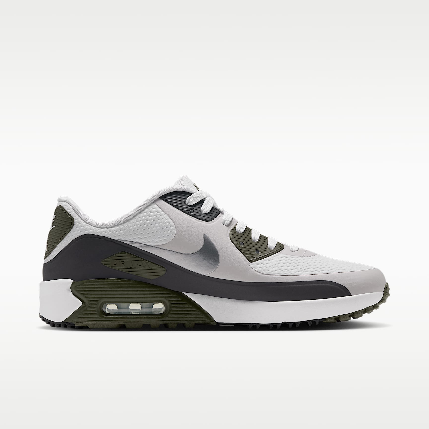 Nike Air Max 90 G Golfschuh – Weiß/Medium Olive/Vast Grey/Metallic Silver