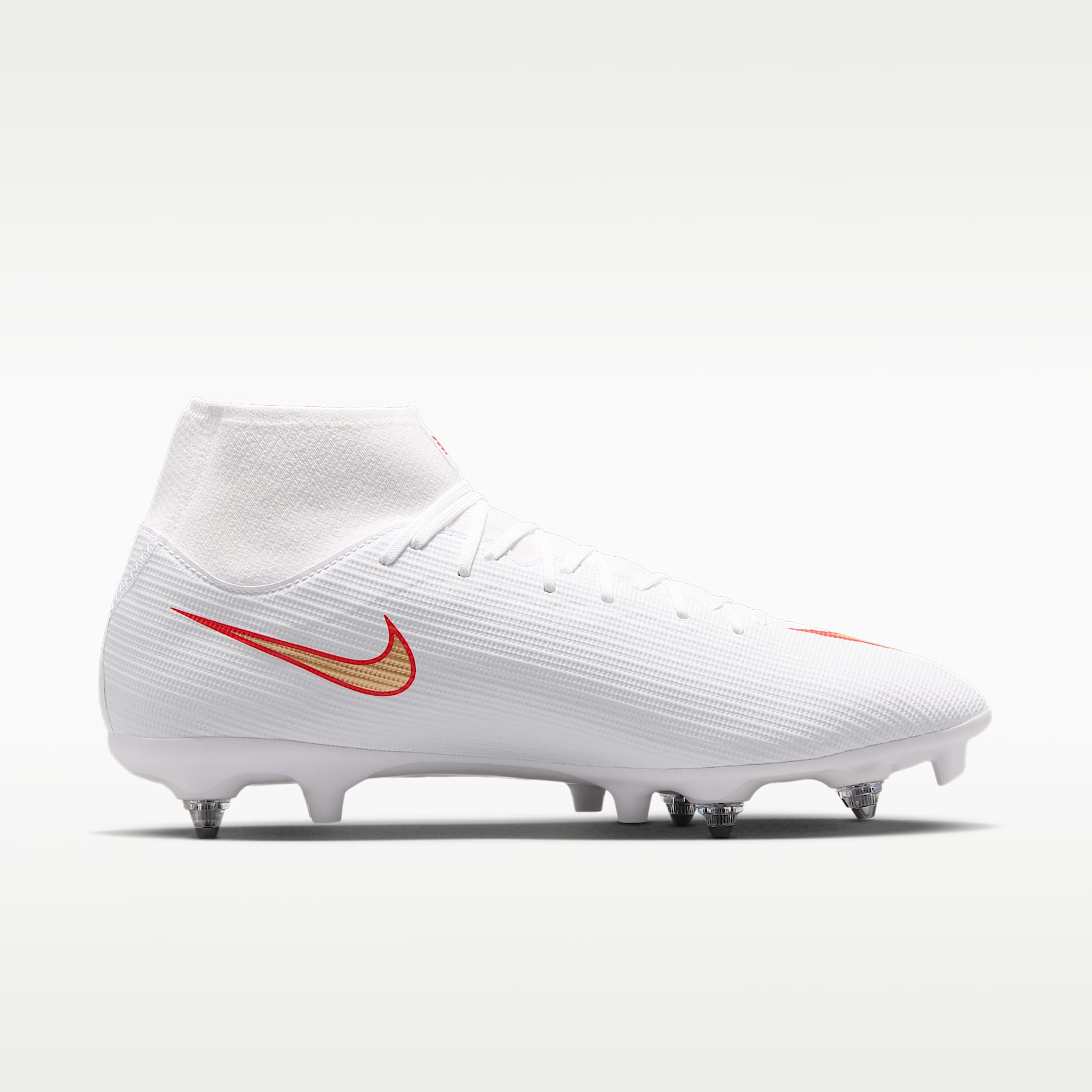 Nike Mercurial Superfly 11 Academy High-Top-Fußballschuh für weichen Rasen – Weiß/Bright Crimson/Blur